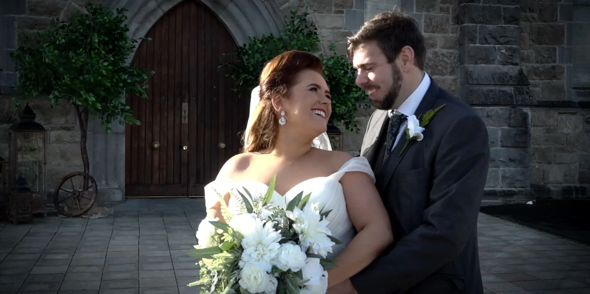 Photo of a bride and groom looking at each other