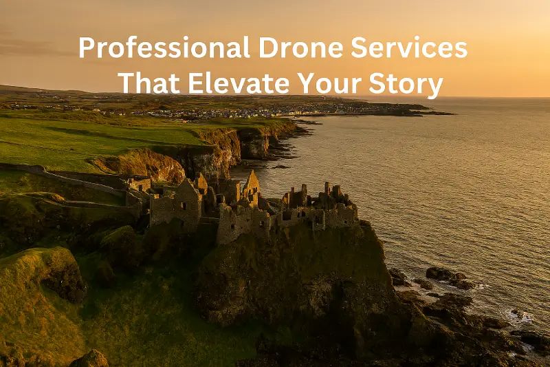 Dunluce Castle drone photo at sunset 