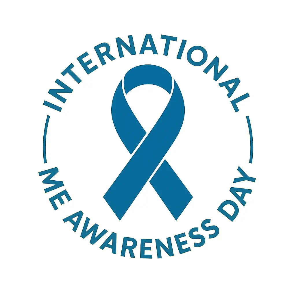 Logo reading “International ME Awareness Day” with a blue awareness ribbon in the centre